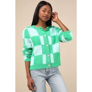 Lulus Cherished Crush Green And Blue Checkered Eyelash Knit Cardigan - Size S